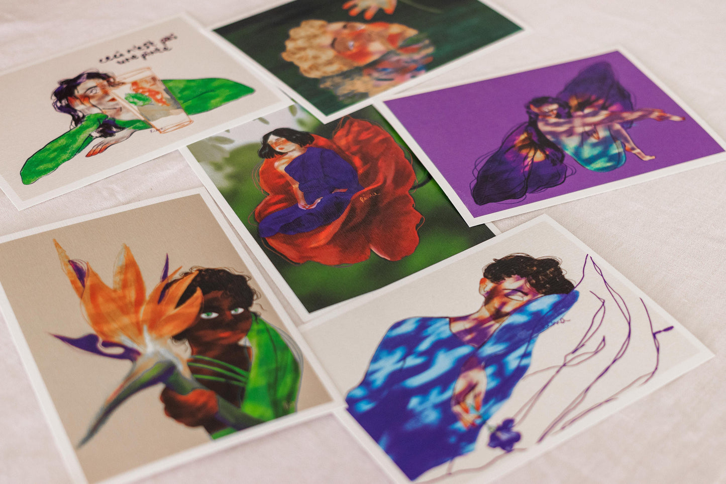 Cartes postales illustrées - fleurs et personnages