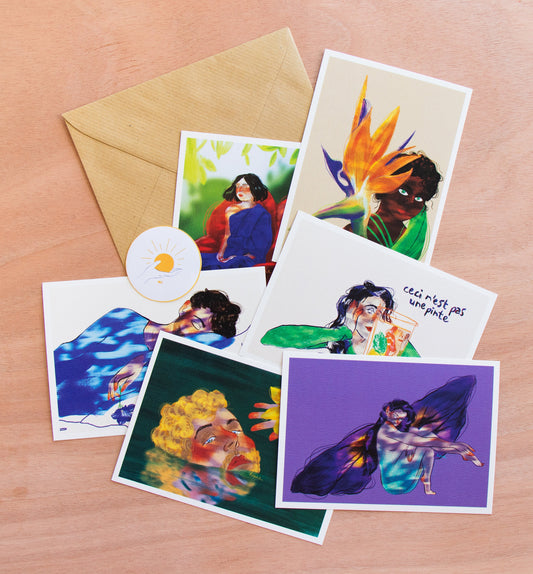 Cartes postales illustrées - fleurs et personnages